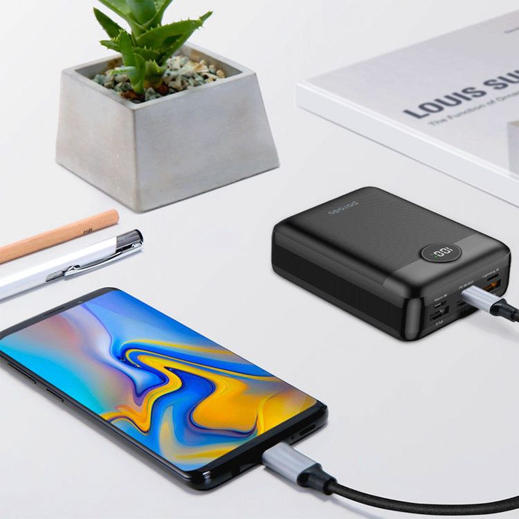 Porodo Super Compact Power Bank with 30000mAh Battery Capacity, 20W Power Delivery, Quick Charge 3.0 Technology, 4-Output Fast Charging, 22.5W USB-A QC Output - Black
