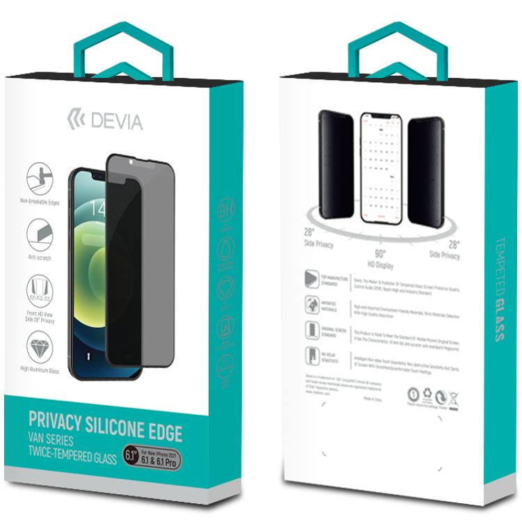 Devia Van Series Privacy Silicone Edge Twice-Tempered Glass Compatible for iPhone 13 / 13 Pro (6.1") Anti-Peeping Screen Guard, Easy Installation with Alignment Frame, Anti-Scratch