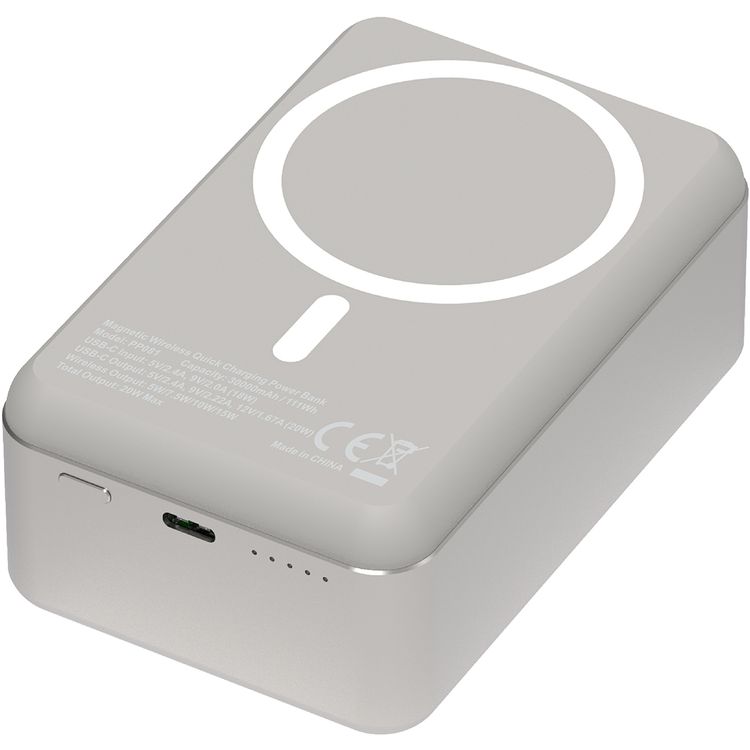 Powerology 30000mAh MagSafe Aluminum Power Bank with 20W Power Delivery, 15W Wireless Output, Li-Polymer Battery, Simultaneous Charging, Compact Design - Titanium