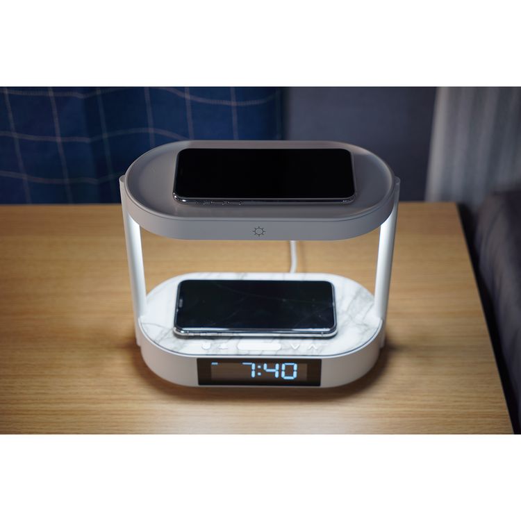 Porodo Bedside Light with Wireless Charger and Digital Clock, 3 Brightness Levels, Dual Wireless Charging, Alarm and Snooze Function, Digital Display - White