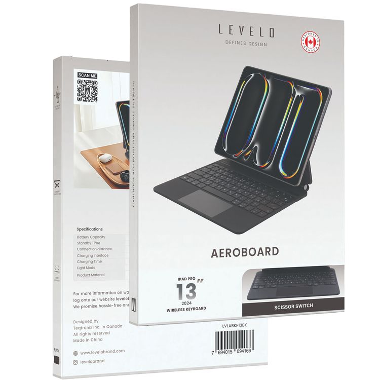 لوحة مفاتيح لاسلكية من الجلد من Levelo AeroBoard Saffanio لجهاز iPad Pro 13" 2024، عمود من الفولاذ المقاوم للصدأ الفاخر، وقت استعداد 300 ساعة، مسافة اتصال 10 أمتار، 500 مللي أمبير في الساعة - أسود