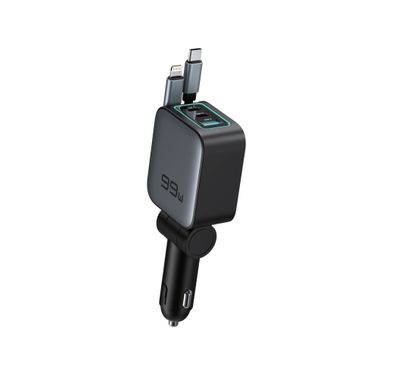 Green Lion Retractable 99W Car Charger with Soft Ambient LED, 2× USB-C Ports, 1× USB-A Port, Flexible & Adjustable, Safety Protection, 80cm USB-C & Lightning Cable, 180° Swivel & Flexible, PD 45W, ABS + Flame Retardant PC Material - Gray