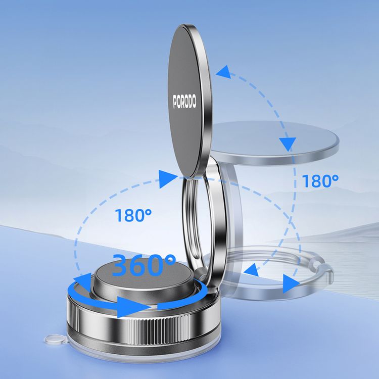 Porodo Vacuseal Vacuum Suction Folding Magnetic Mount with Double-Layer N54 Magnet, One-Handed Operation, Multi-Angle Adjustment, 360° Rotating Base, Strong Suction - Black