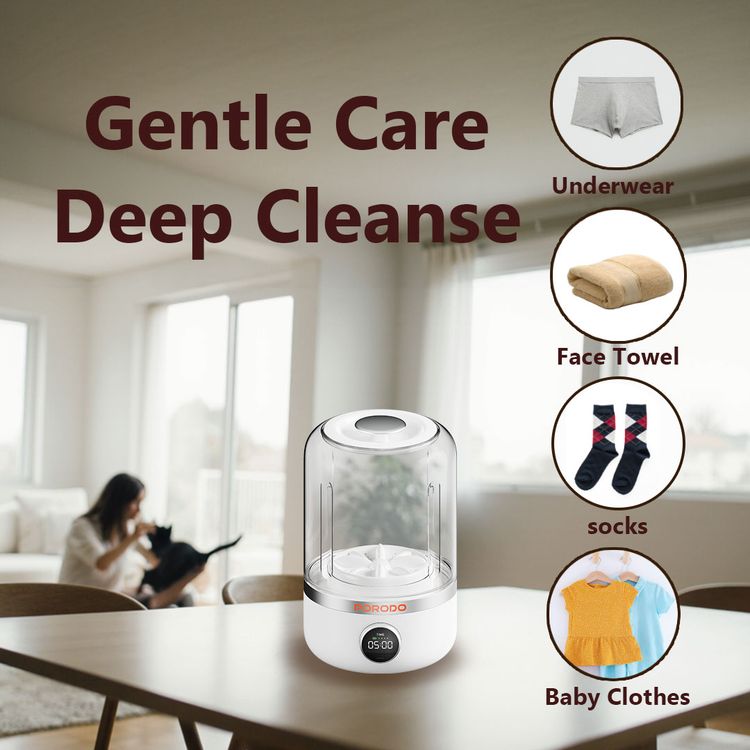 Porodo Lifestyle Cordless Mini Washing Machine for Delicate & Baby Clothes, Dual Washing Modes, LED Digital Display, 1.2L Cup Capacity, 10W Rated Power, 4000mAh Battery Capacity, Type-C Charging Port - White