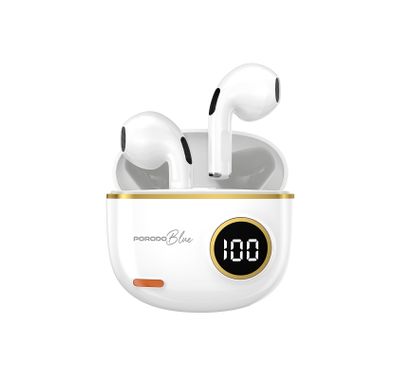 Porodo Blue Pop Tune True Wireless Deep Bass Earbuds with Digital Battery Display, Up to 4 Hours Music Playtime, IPX4 Water Resistance Level, Bluetooth Version 5.4, 10m Bluetooth Range, Type-C Charging Port, 180mAh Charging Case Capacity, Touch Control, Immersive Audio, Powerful Driver - White