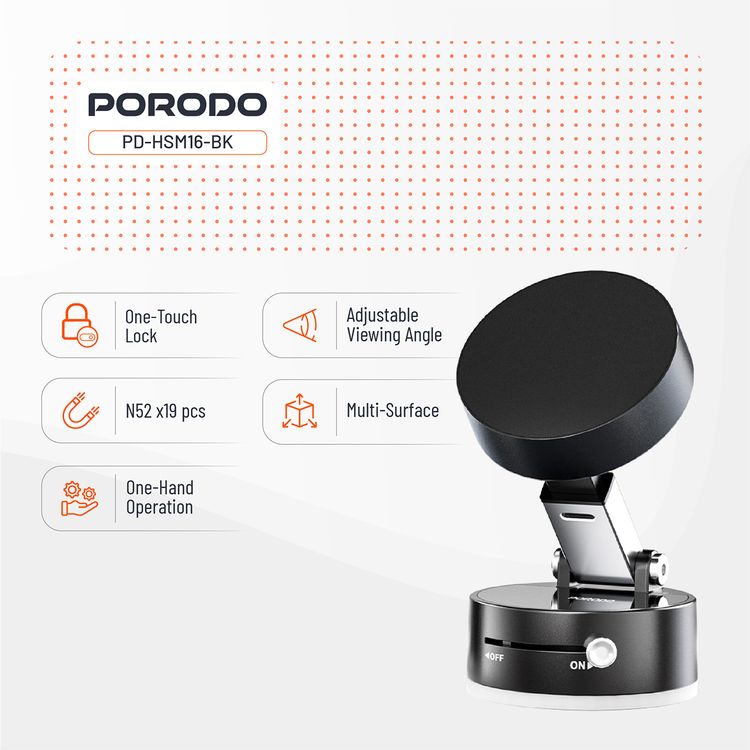 Porodo Multi-Surface Magsafe Mount with Adjustable Viewing Angle, N52 Magnet, One-Hand Operation, Grip-Lock Toggle & One-Touch Lock - Black