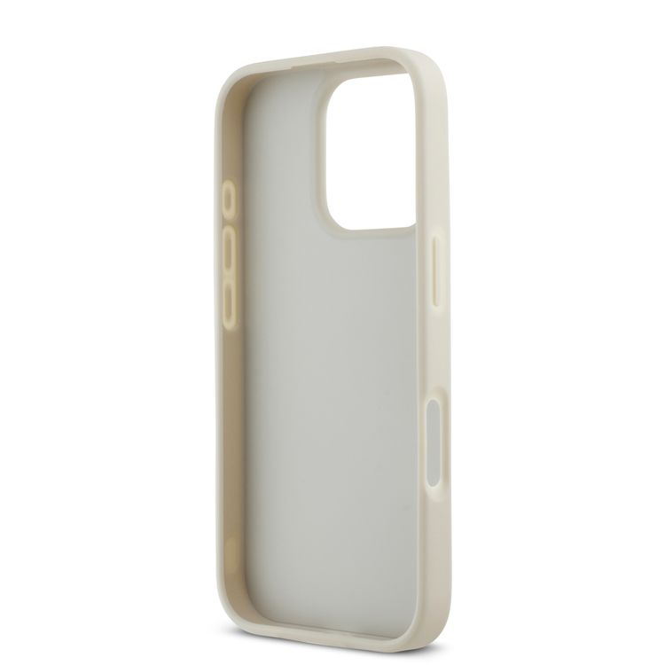 Karl Lagerfeld Saffiano Leather Hard Case with Elongated Metal Logo for iPhone 16 Pro, Drop Protection, Slim Profile - Beige 