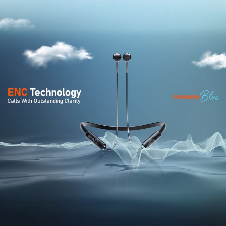 Porodo Blue ENC Neckband Earphones with Deep Bass, Comfortable Fit Design, Compact and Sturdy, 200mAh Battery Capacity, 1.5 Hours Charging Time, 28 Hours Playback Time, Micro USB Charging Port, More than 15m Transmission Distance - Black