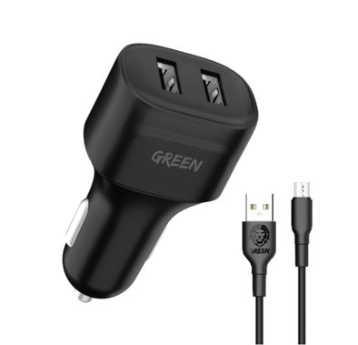 Green Lion Dual Port Car Charger 12W with PVC Micro USB Cable 1.2M, Fast Charging, Ultra-Fast Sync Charge Cable - Black