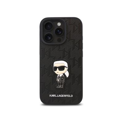 Karl Lagerfeld PU Hard Case for iPhone 16 Pro with Monogram Karl Patch, Drop Protection, Lightweight, Slim Profile, Comfortable Grip, Sustainable Packaging - Black