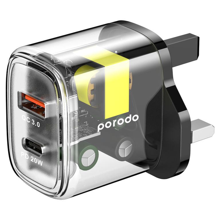 Porodo Dual Output Transparent Quick Charger with USB-C to USB-C Cable, 20W Power Delivery, Simultaneous Charging, 18W USB-A Output, 0%-60% Charge in 35 Minutes, Overheat Protection - Black