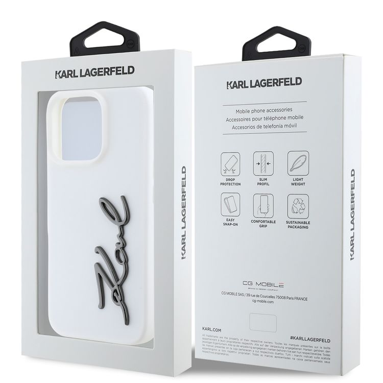 Karl Lagerfeld Silicone Case with Metal Signature Logo for iPhone 16 Pro, Drop Protection, Easy Snap On, Comfortable Grip - White