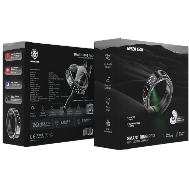 Green Lion Smart Ring Pro with Digital Display, Size 9 (18.9mm), 5.1 Bluetooth Connection, IP68 Waterproof Level, 5 ATM Dustproof Level, 128KB ROM + 96KB RAM, 10–15 Days Standby Time, Compatible with Android 9 & Above, iOS 10 & Above - Black