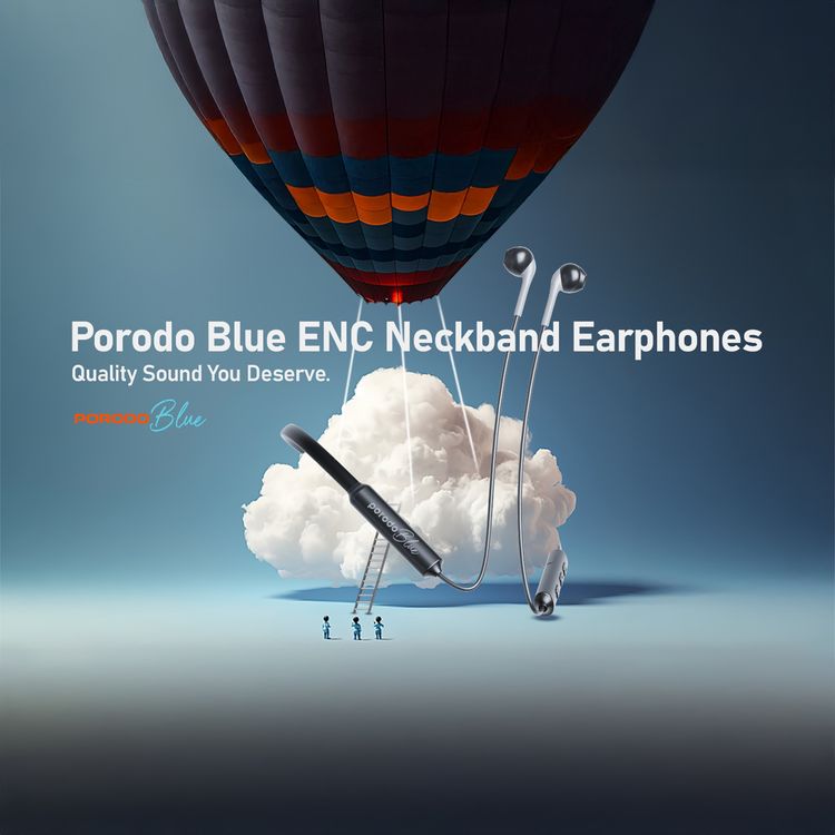 Porodo Blue ENC Neckband Earphones with Deep Bass, Comfortable Fit Design, Compact and Sturdy, 200mAh Battery Capacity, 1.5 Hours Charging Time, 28 Hours Playback Time, Micro USB Charging Port, More than 15m Transmission Distance - Black