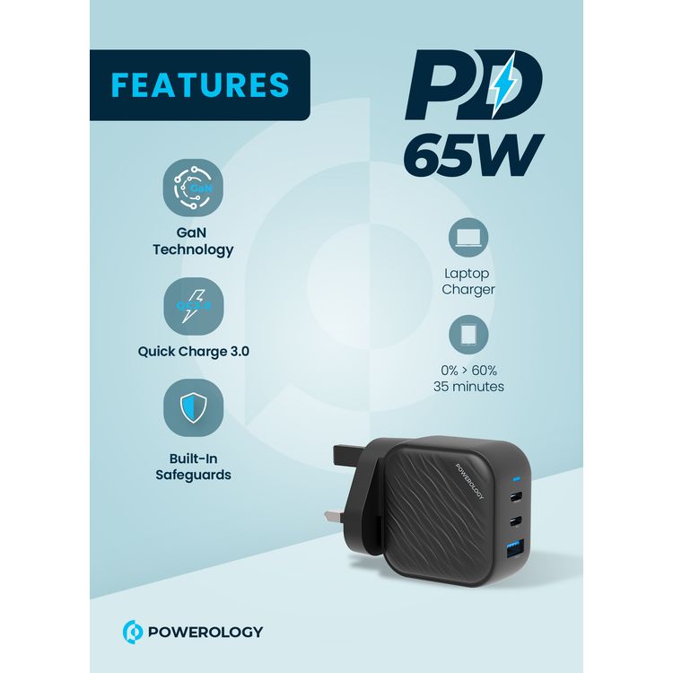 Powerology GaN Ultimate Dual PD Wall Charger with 65W Power Delivery, Compatible with Laptops, Quick Charge 3.0, Built-in Safeguard - Black