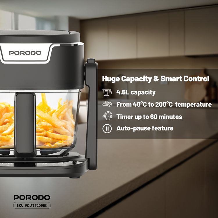 Porodo Lifestyle Quick Flip 3-in-1 Air Fryer, Grill & Hot Pot with 4.5L Capacity, 1200-1400W Rated Power, UK 3-Pin Plug, 360° Turbo Heat Technology, 100% Visible Glass Basket - Black