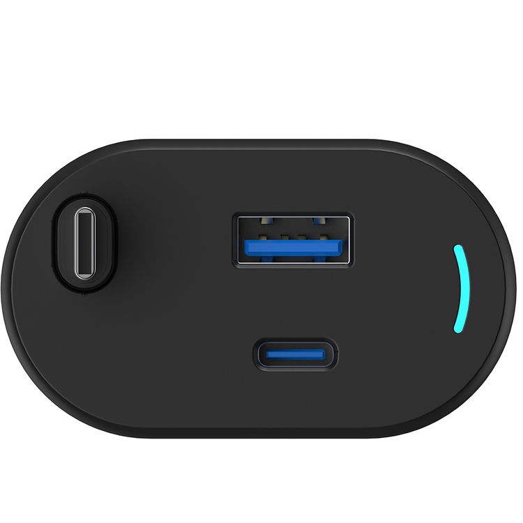 Powerology Type-C Retractable Car Charger, Dual Ports, Patented Design, Built-in Safeguards, Simultaneous Charging, Integrated Type-C Cable - Black