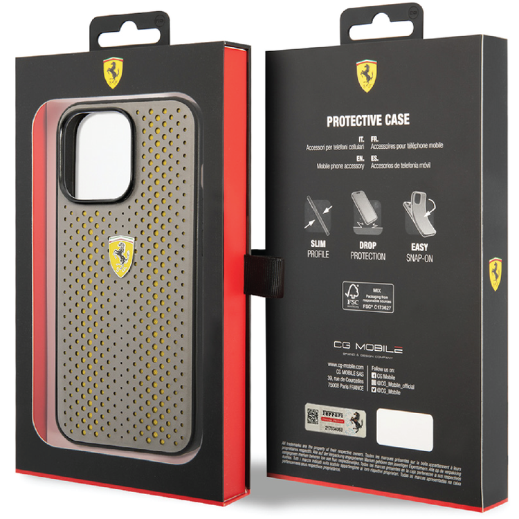 Ferrari PU Leather Perforated Case with Nylon Base & Yellow Shield Logo iPhone 14 Plus Compatibility - Yellow