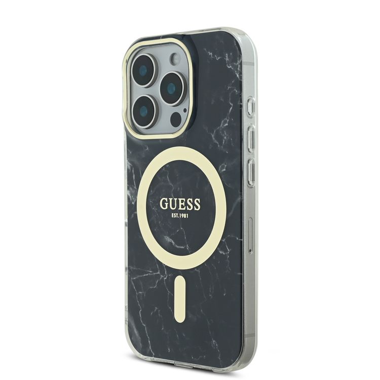 Guess Magsafe IML Hard Case with Marble Design for iPhone 16 Pro, Comfortable Grip, Easy Snap-On, Precise Port Cutouts - Black