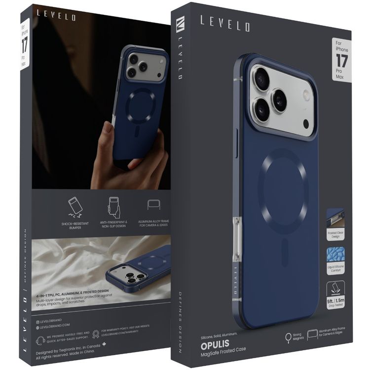 Levelo Opulis MagSafe Frosted Case for iPhone 17 Pro Max, Liquid Silicone Comfort, Anti-Scratch, Aluminum Alloy Frame for Camera & Edges, Anti-Fingerprint, Strong Magnets, Multi-Layer Design, Shock-Resistant Bumper, Non-Slip Surface - Midnight Blue