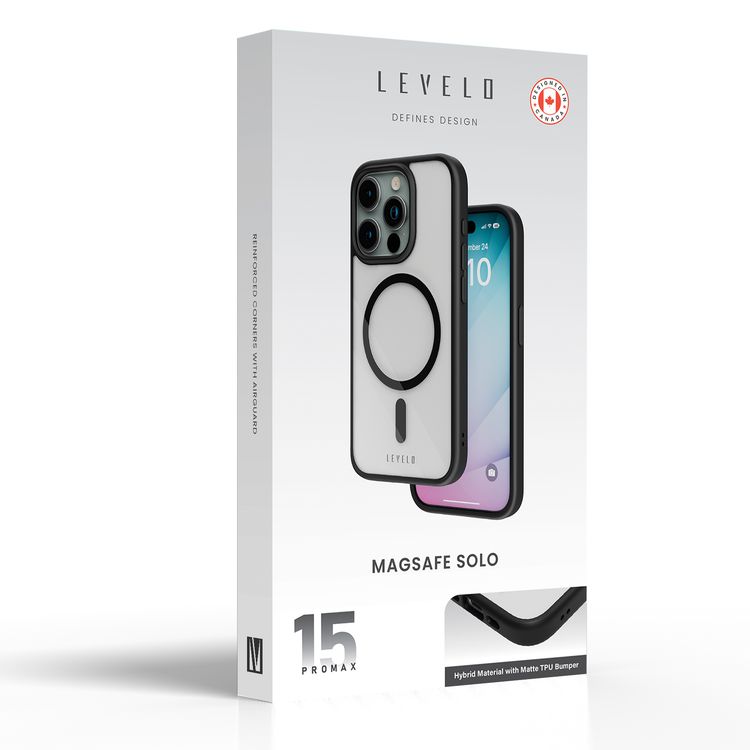 Levelo MagSafe Solo Case for iPhone 15 Pro Max, Hybrid Material with Matte TPU Bumper, Camera Protection, Reinforced Corners with Airguard, Shock-Proof Edges, Anti-Scratch - Black