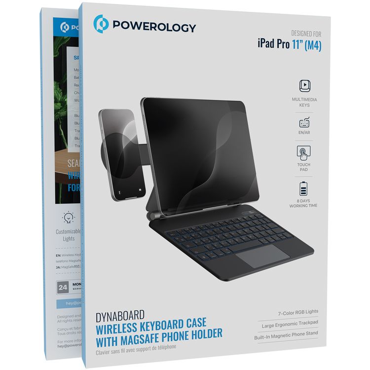 Powerology Dynaboard Wireless Keyboard Case for iPad Pro 11" (M4), MagSafe Phone Holder, Touch Pad, Multimedia Keys, 500mAh Battery Capacity, 8 Days Working Time, 2.5 Hours Charging Time, Easy Pencil Access, Bluetooth Version 5.1, 10m Transmission Range, Snap-On Attachment - Black