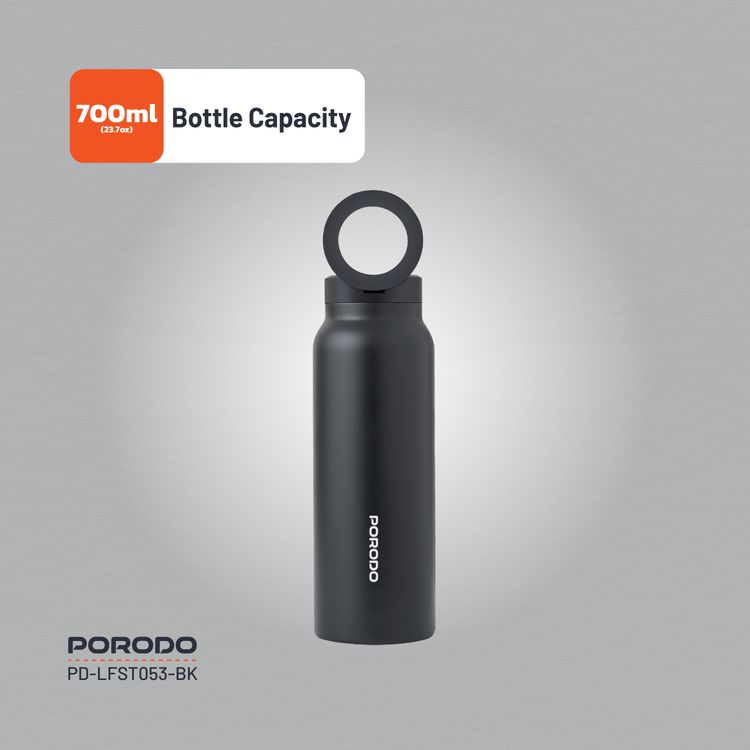 Porodo Magnetic Mount Water Bottle with Strong Magnetic Hold, Stainless Steel Material, Double-Wall Insulation, Versatile and Portable, Strong Magnetic Hold, Works with MagSafe, Wide Round Mouth - Black 