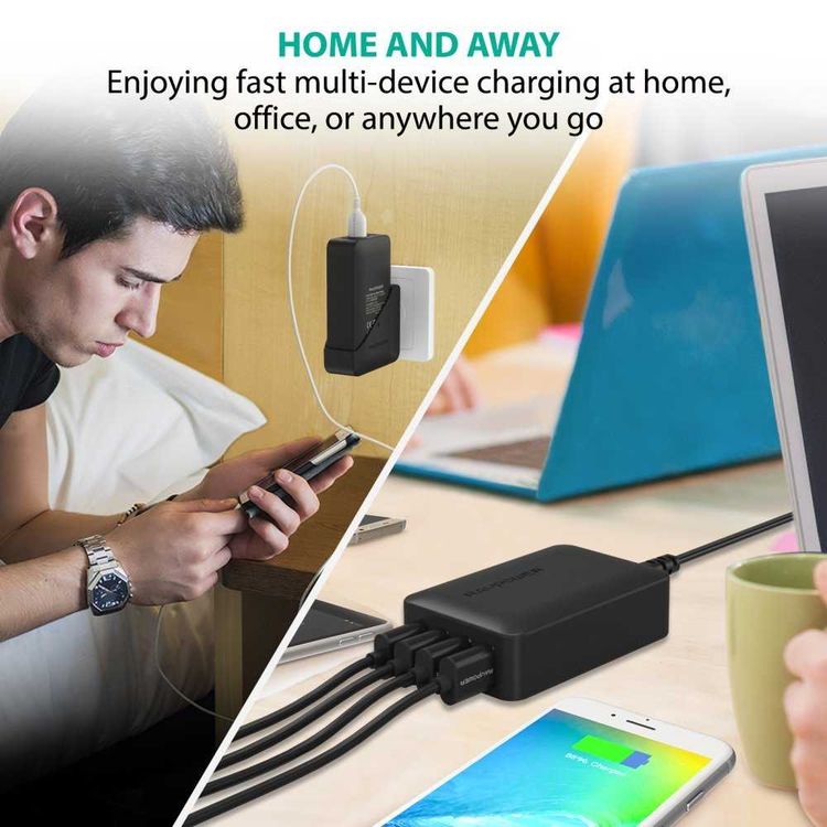 RAVPower 4-Port USB Travel Adapter 40W with Power Cord & Detachable Adapters - Portable & Sturdy Fast Charging Wall Charger with iSmart Technology & Multiple Protection - Black