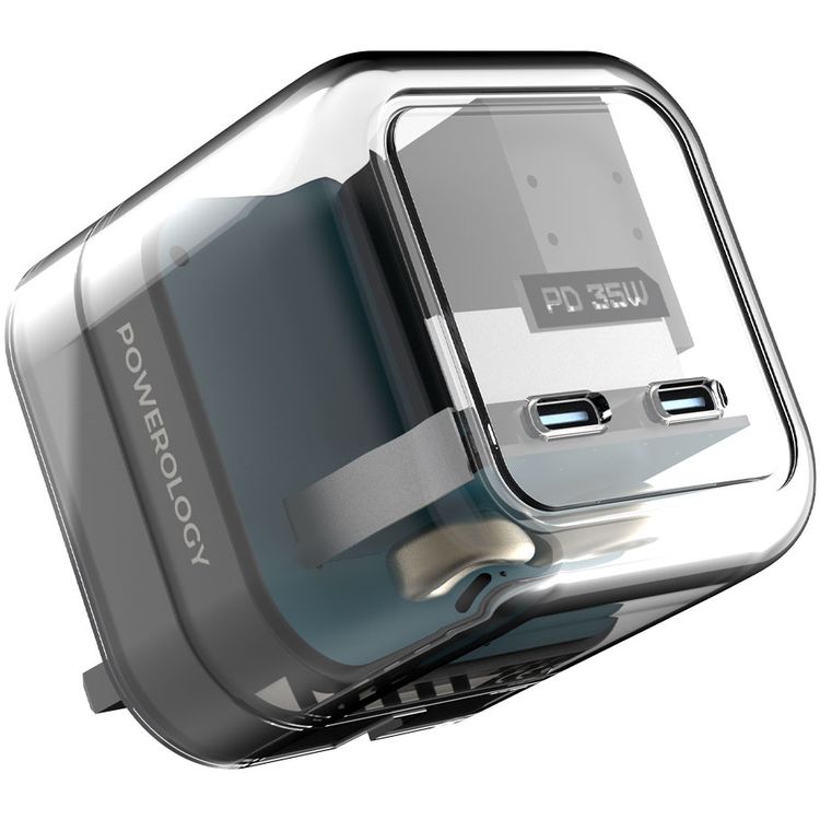 شاحن حائط Powerology شفاف بقدرة 35 وات PD مزدوج USB-C مع مقابس قابلة للطي - أسود