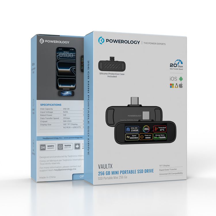 محرك Powerology VaultX SSD محمول صغير بسعة 256GB، يتميز بتصميم مدمج، وموصل إدخال USB-C، وسرعة نقل بيانات تصل إلى 20Gbps، وقوة مُقدّرة بـ 5W، وتوافق مع أنظمة Windows/ Linux/ MacOS/ iOS/ Android، ويعمل في درجات حرارة تتراوح بين 0°C و45°C، مصنوع من سبيكة الألمنيوم، ويشمل غلافاً واقياً من السيليكون - اللون الأسود.