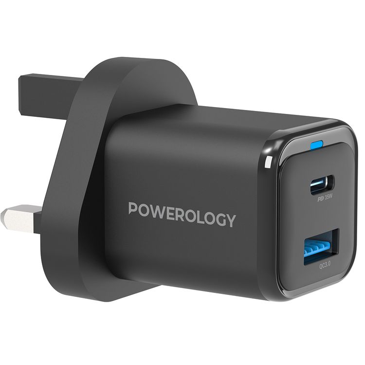 Powerology Super Compact Quick Charger with USB-C To Lightning Braided Cable, 35W Power Delivery, Simultaneous Fast Charging, Lightweight & Portable - Black