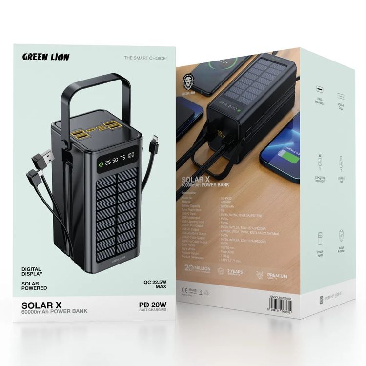 Green Lion Solar X 60000mAh Power Bank with QC 22.5W, PD 20W, Type-C & Micro & Lightning & USB-A Cables, 4× USB-A, Micro, Lightning, USB-C Ports, ABS & PC Material, SOS & Steady Flash Modes, Multiple Protection, Portable Handle, Digital Display - Black