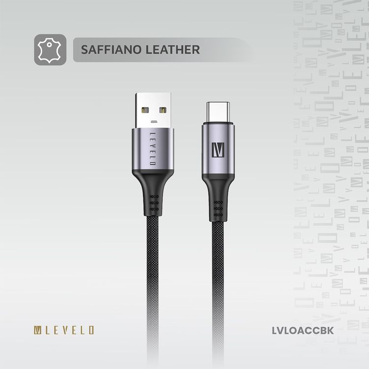 كابل Levelo Otto من USB-A إلى USB-C مع مقاومة للحرارة، شحن سريع ومزامنة البيانات، معدل نقل بيانات 480 ميجابت في الثانية، خالٍ من التشابك، طول الكابل 1.2 متر - أسود