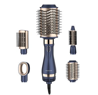 Porodo 5-in-1 Hot Air Brush Styling Set with Straightening & Curling Tools, 1000W Rated Power, 360° Swivel Cord, Adjustable Temperature Control, 3 Noise Levels, Powerful Motor - Blue / Gold