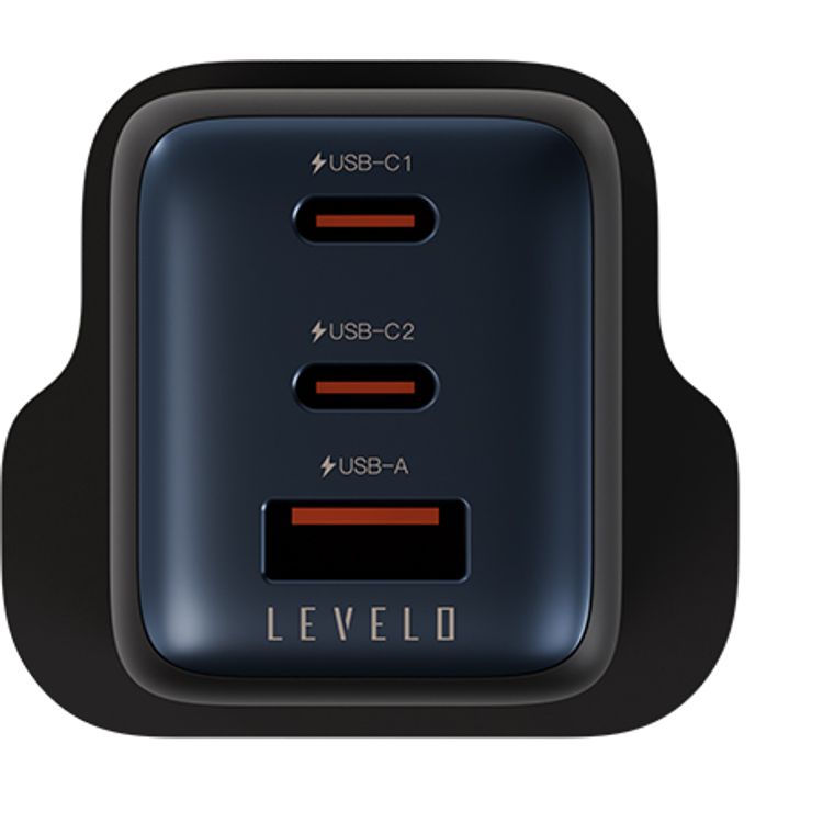 Levelo Vero GaN 65W Triple Port Adapter with 2× Type-C + USB-A Ports, Fast Charging, Over Charge Protection, UK Power Plug - Black / Blue