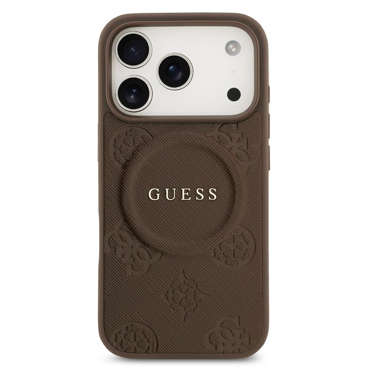 علبة جلد PU من Guess مع شعار كلاسيكي وتصميم ختم ساخن بزهرة الفاوانيا لجهاز iPhone 17 Pro Max، بتصميم نحيف، يسهل تركيبها، تعبئة مستدامة، قبضة مريحة، حماية من السقوط - بني