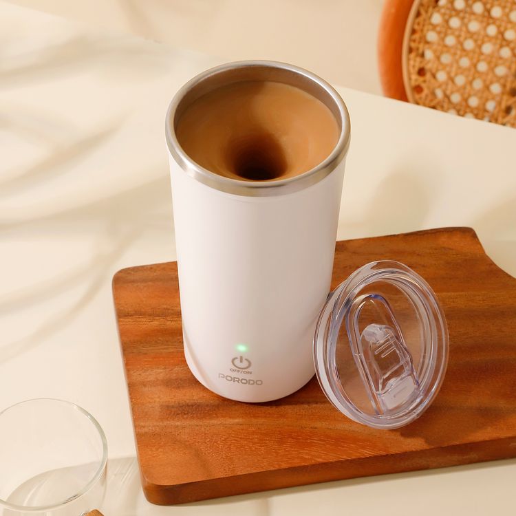 Porodo Lifestyle Auto-Stirring Insulated Mug with 400mL Capacity, Anti-Slip Base, 300mAh Battery Capacity, 120-Seconds Mixing Time with Auto-Stop - White