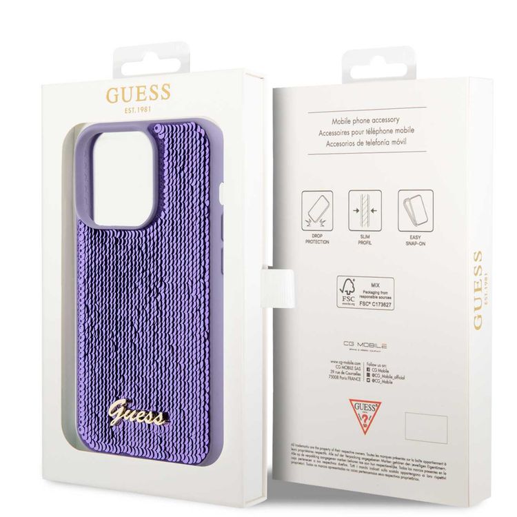 Guess Sequin Script Case with Guess Metal Logo - Purple - iPhone 15 Pro