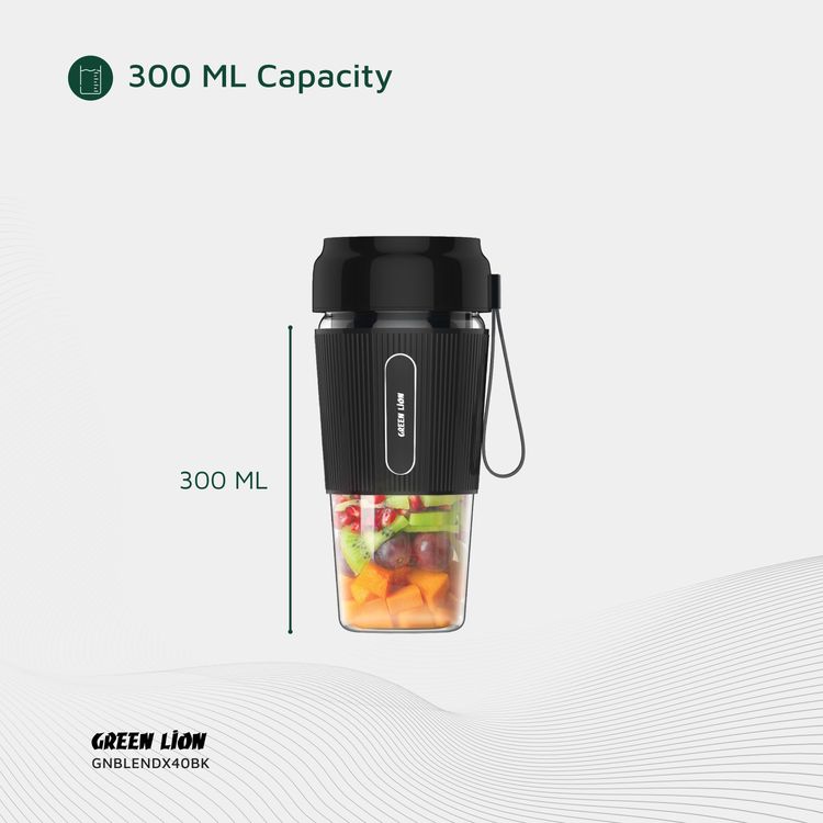 عصارة Green Lion G-Blend X المحمولة بسعة 300 مل، سعة بطارية 1500 مللي أمبير، مادة البرطمان من البولي كربونات، مادة الشفرة من الفولاذ المقاوم للصدأ، منفذ شحن من النوع C، وقت شحن 3-4 ساعات - أسود