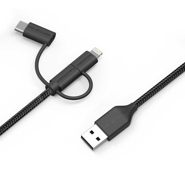 RAVPower Braided Nylon 3 in 1 Data Cable 3ft/0.9m - Durable Connector - Multi USB Charging Cable Compatible for iPhone Lightning / Type-C / Micro Smartphones - Black