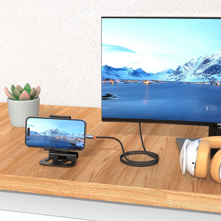 Porodo Aluminum Alloy Woven Cable Type-C to HDMI, 2m Cable Length, Ultra HD 4k Resolution, Plug & Play, Tangle Free - Black