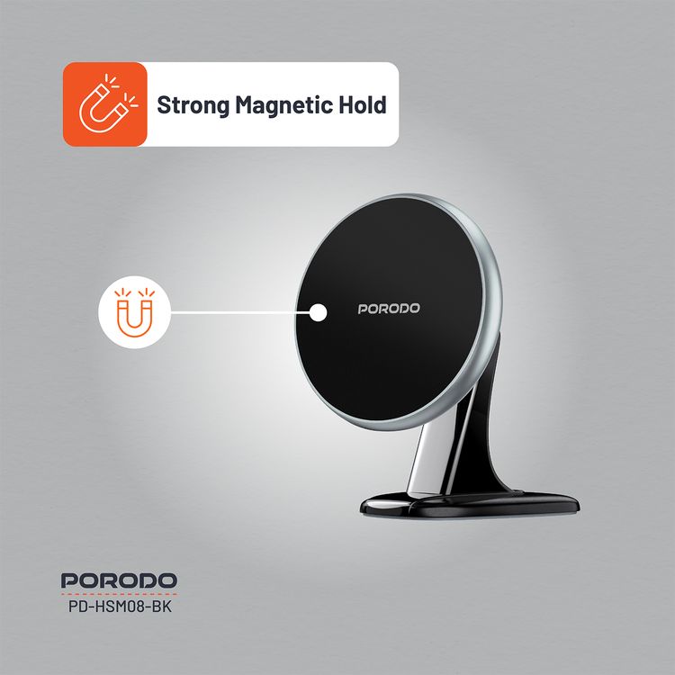 Porodo Magsafe Magnetic Aluminum Mount with Adjustable Viewing Angle, Horizontal & Vertical Modes, N52 Magnets, ABS & Silicone Material - Black