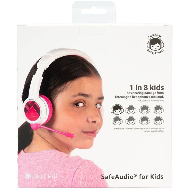 سماعات رأس BuddyPhones SchoolPlus للأطفال مع اتصال سلكي ولاسلكي، وميكروفون قابل للفصل، ووضع دراسة معزز للصوت، وتصميم قابل للطي - وردي