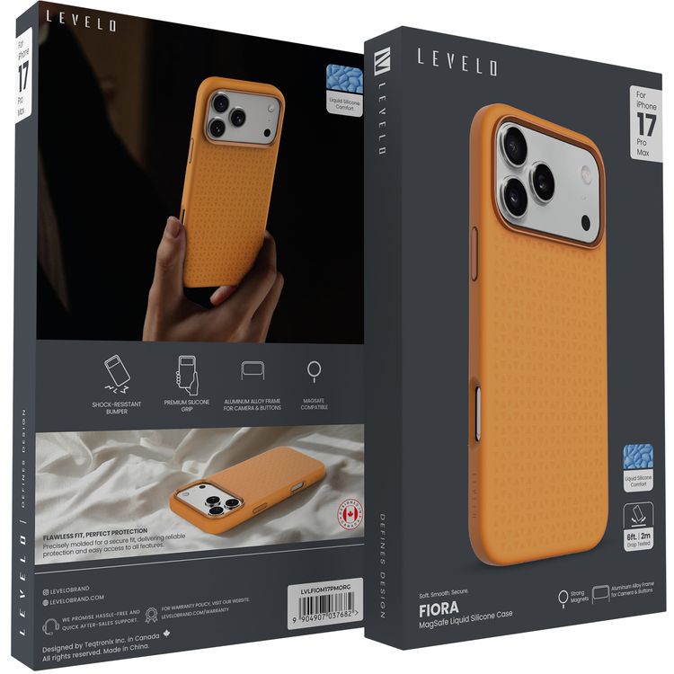 Levelo Fiora MagSafe Liquid Silicone Case for iPhone 17 Pro Max, Strong Magnets, Aluminum Alloy Frame for Camera & Buttons, Shock-Resistant Bumper, Premium Silicone Grip - Orange