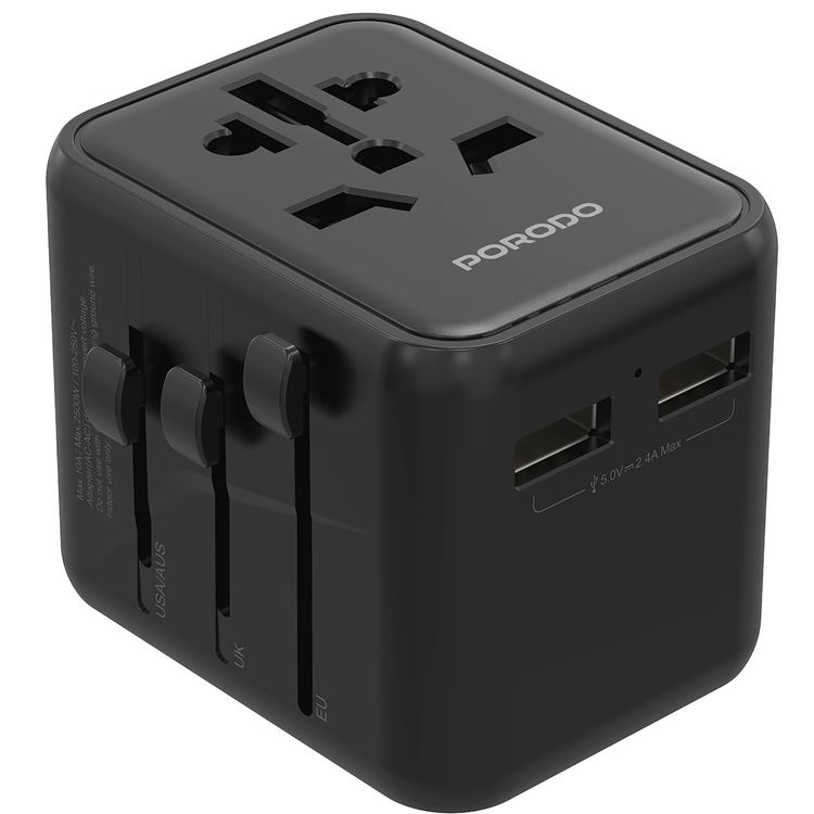 Porodo Dual USB-A Universal Travel Adapter 2.4A, Lightweight & Portable, Travel Friendly, Fast Charging, Dual USB-A, 0–35°C Operating Temperature, Built-in Safeguards - Black
