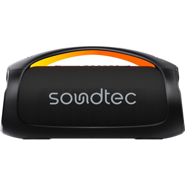 Porodo Rush Pro Portable Party Speaker with Voice Assistant, IPX6 Water Resistant, 5 Hours Play Time, RGB Lights, 7000mAh Battery Capacity, USB-A & USB-C Connector Type, 10m Transmission Range, Bluetooth Version 5.3, 10 Hours Charging Time, Power Bank Function, Grip Handle - Black