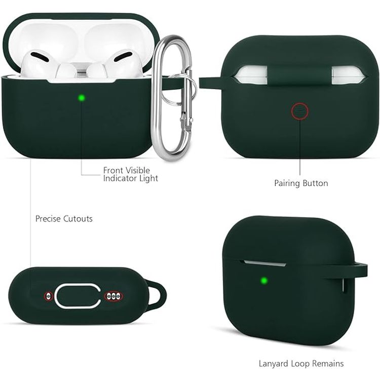 Ahastyle Premium Silicone Skin Case Compatible for AirPods Pro - Front LED Visible Wireless Charging - Dustproof - Shock Absorption - Impact Drop Protection Cover - Midnight Green