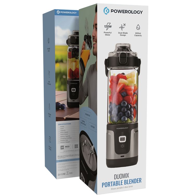 Powerology DuoMix Portable Blender with Cut Fruit & Ice Crusher, 600mL Capacity, 120W Rated Power, USB-C Charging Port, Leak-Proof Design, 2× 2000mAh Battery, 14000RPM Motor Speed, Flipping Bottom Food - Black