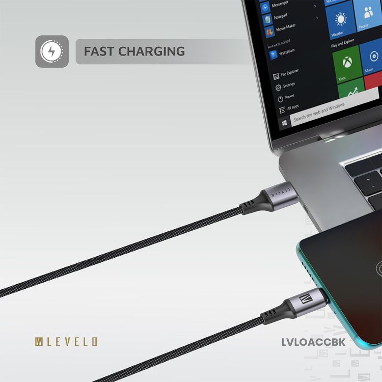 كابل Levelo Otto من USB-A إلى USB-C مع مقاومة للحرارة، شحن سريع ومزامنة البيانات، معدل نقل بيانات 480 ميجابت في الثانية، خالٍ من التشابك، طول الكابل 1.2 متر - أسود