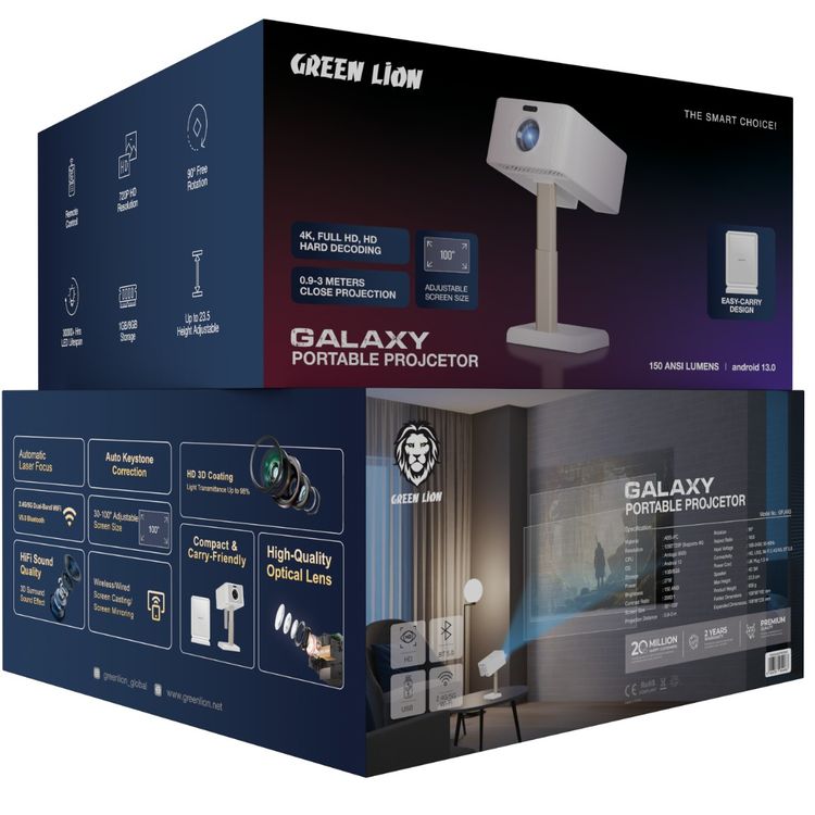 Green Lion GALAXY Portable Projector with 30000+ Hours LED Lifespan, Up to 23.5 Height Adjustable, 1GB/8GB Storage, 90° Free Rotation, 720P HD Resolution, Remote Control - White